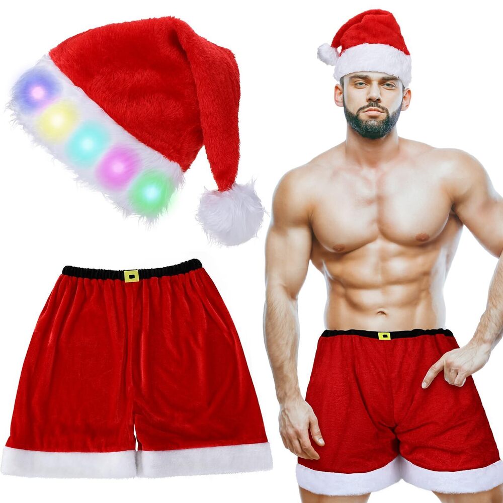 7554 2 Pcs 's Christmas Shorts Boxers, Plush Light up Santa Hat and Santa